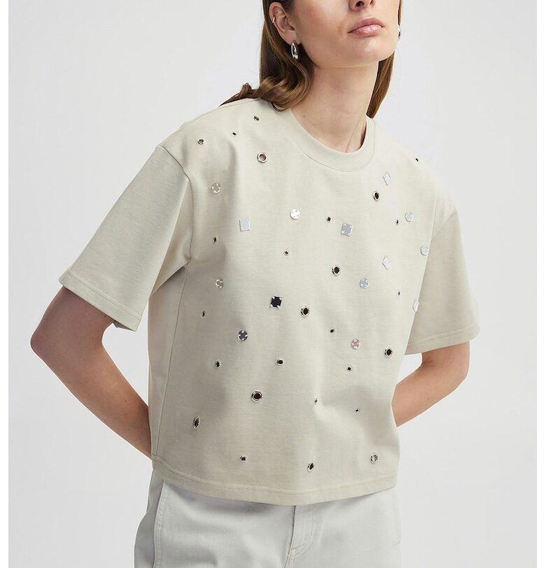 Памучна тениска с метални апликации - Светло кафяво/Сребрист Ipekyol