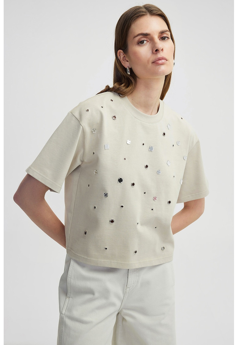 Памучна тениска с метални апликации - Светло кафяво/Сребрист Ipekyol