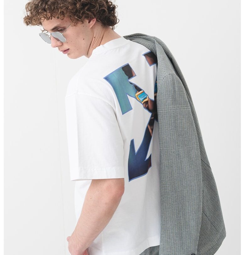 Памучна тениска с овално деколте и лохо - Пастелносин/Бял OFF-WHITE