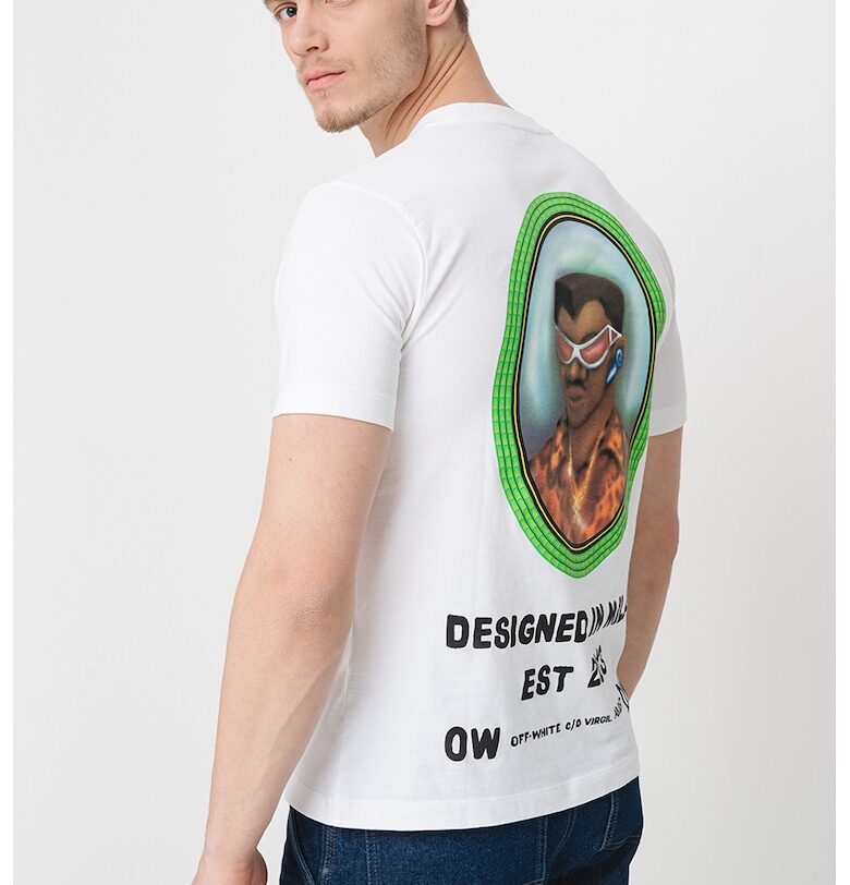 Памучна тениска с овално деколте и принт - Бял/Зелен/Кафяв OFF-WHITE