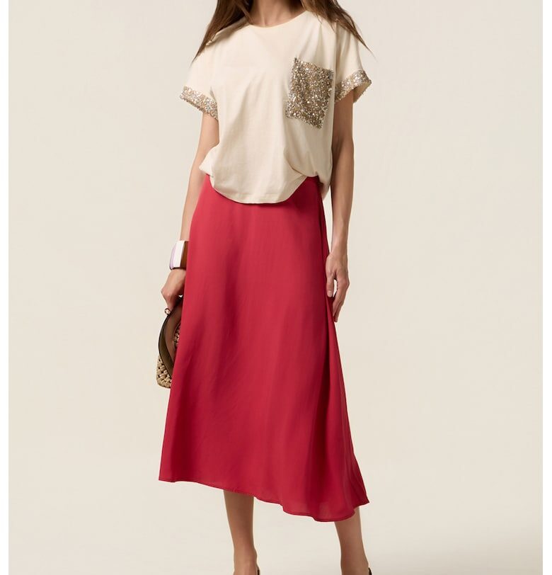 Памучна тениска с пайети - Бежов Oltre