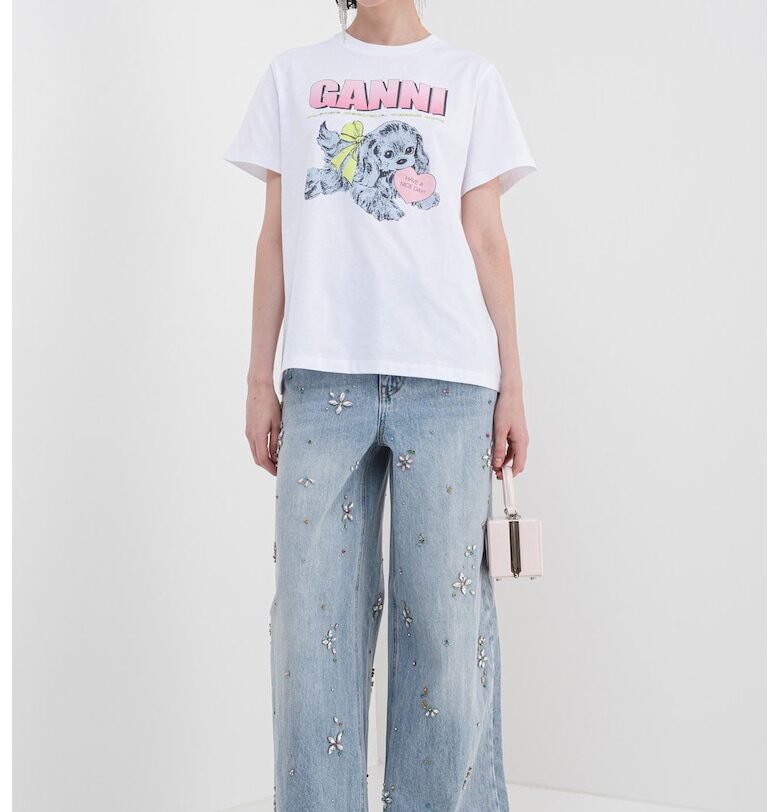 - Памучна тениска с принт - Прашно синьо/Бял/Розово GANNI