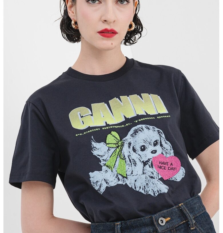 - Памучна тениска с принт - Фуксия/Лайм зелено/Антрацитно сиво GANNI