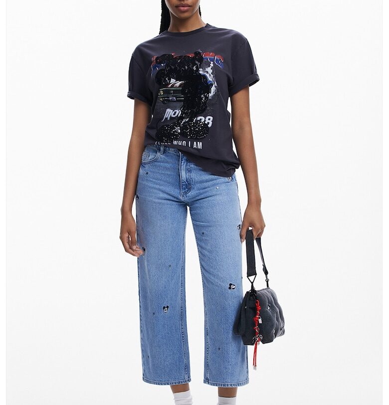 Памучна тениска с принт - Черен/Мръснобял/Tъмносив DESIGUAL