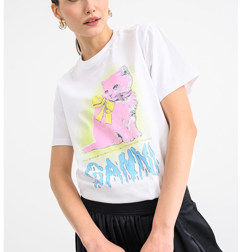 Памучна тениска с принт на коте - Бял/Розово/Син GANNI