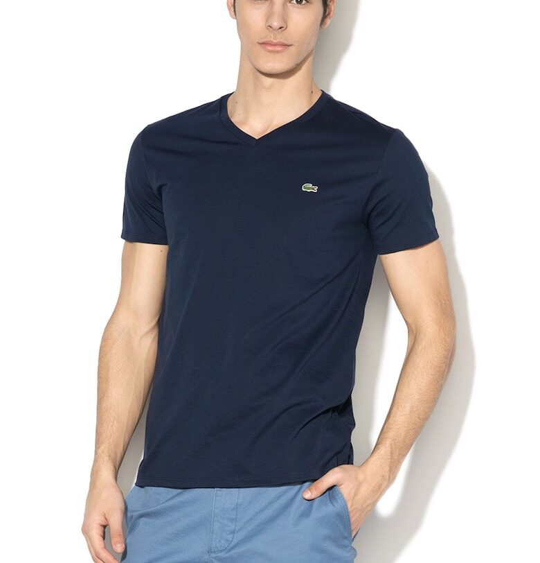 Памучна тениска с шпиц - Тъмносин Lacoste