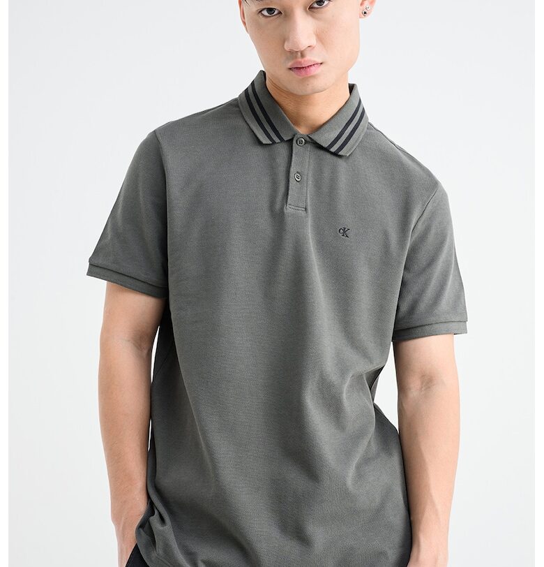 Памучна тениска с яка - Бял/Каки CALVIN KLEIN JEANS