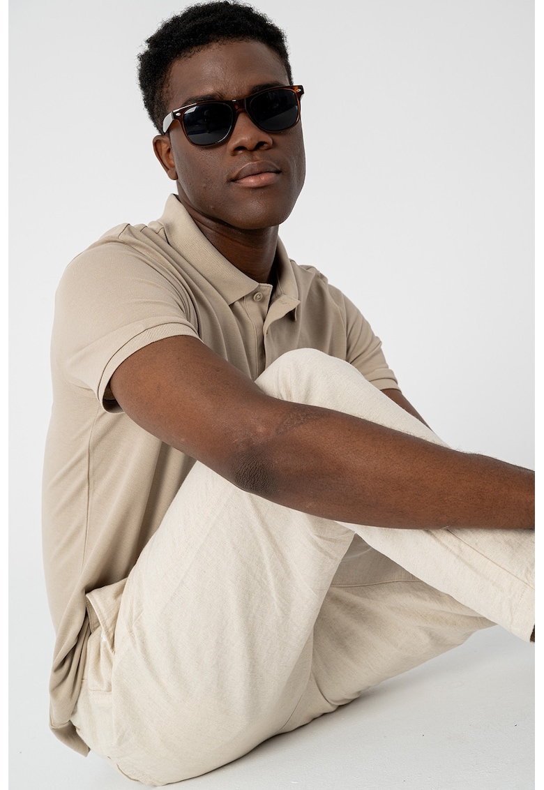 Памучна тениска с яка - Светло бежово GUESS