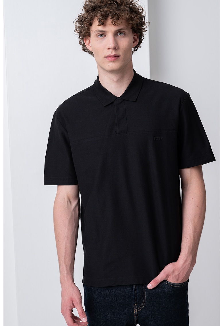 Памучна тениска с яка - Черен BOSS