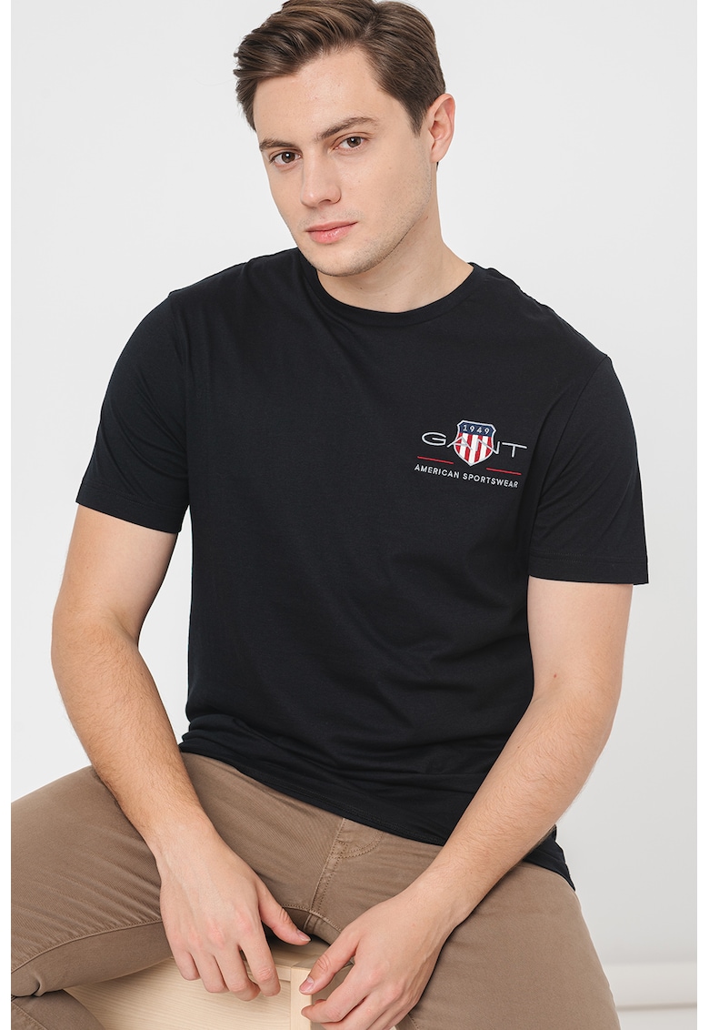 Памучна тениска със стандартна кройка и лого - Черен Gant