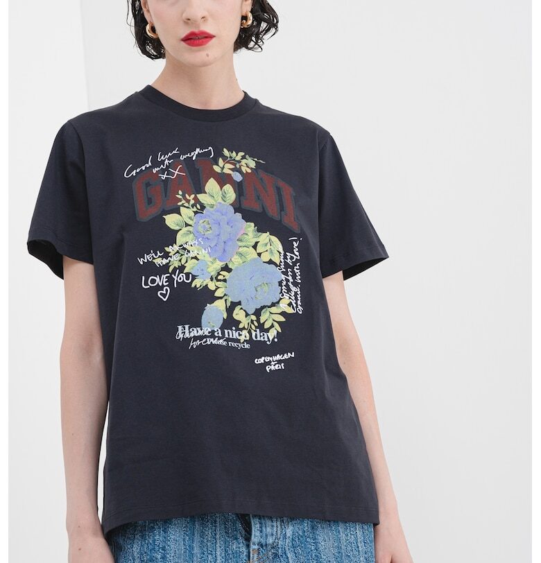 Памучна флорална тениска - Зелен/Син/Антрацитно сиво GANNI