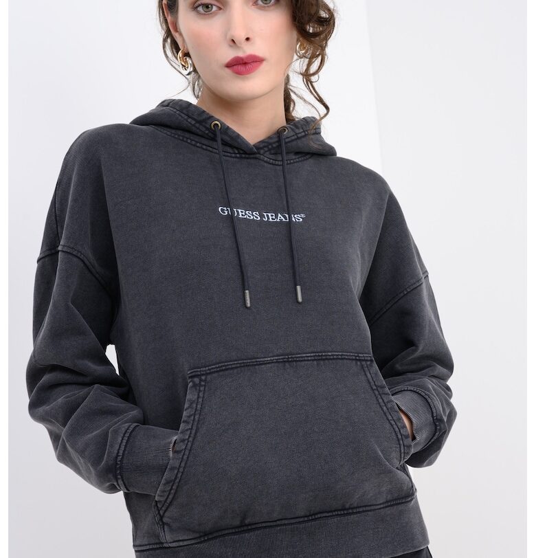 Памучно худи с джоб кенгуру - Антрацитно сиво GUESS JEANS