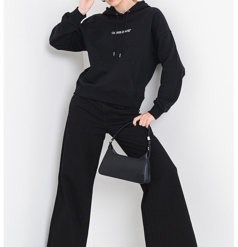Памучно худи с джоб кенгуру - Черен GUESS JEANS