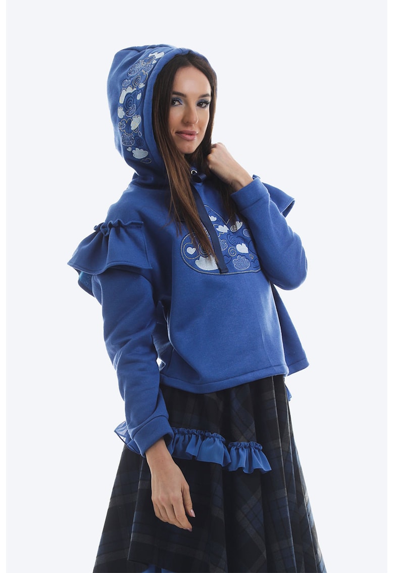 Памучно худи с дипли и бродерии - Бял/Тъмносин ONIBON FASHION