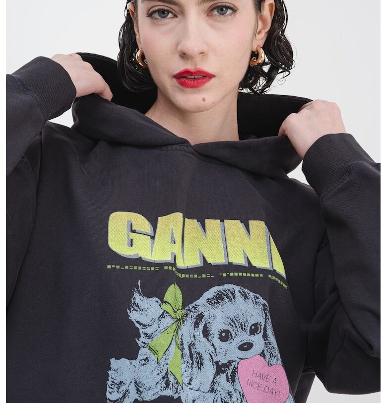 - Памучно худи с принт - Сив/Лайм зелено/Антрацитно сиво GANNI