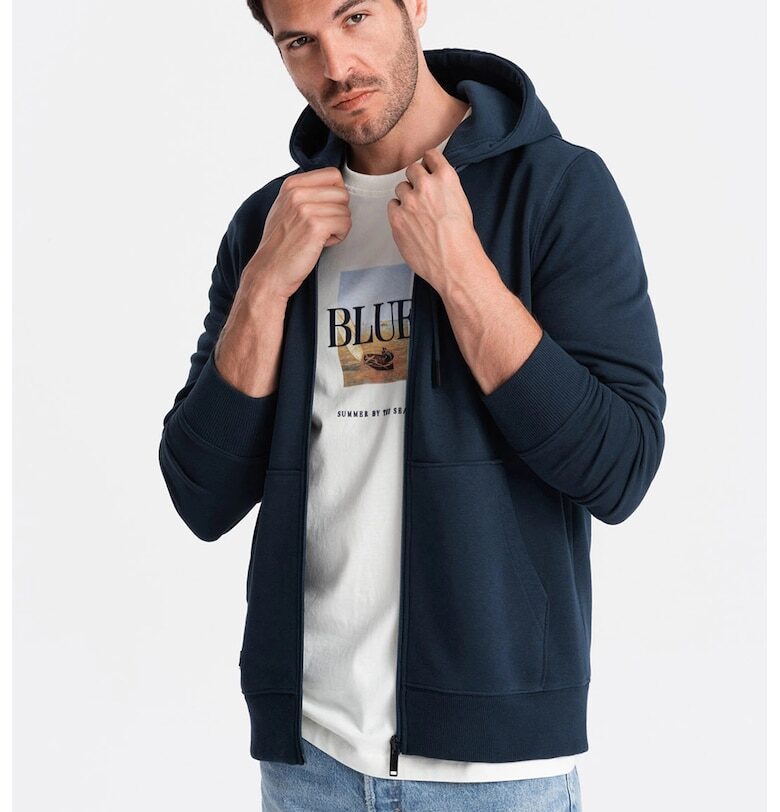 Памучно худи с цип - Тъмносин OMBRE