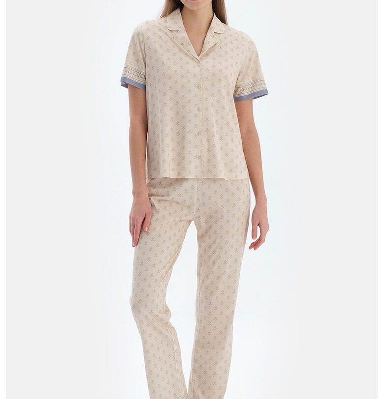 Пижама с памук и модал с къси ръкави - Прашно синьо/Светло бежово DAGI