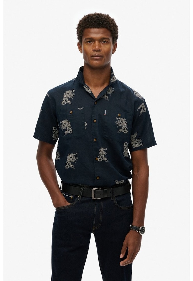 Плажна риза с лен - Сив/Тъмносин Superdry Co