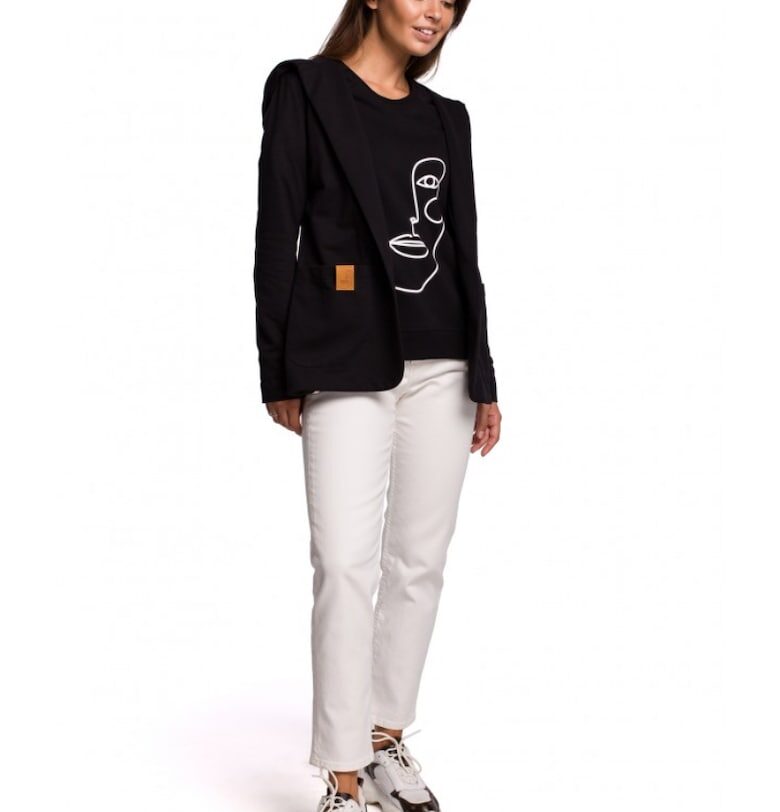 Плетен блейзер - С качулка - Памук - Еластан - Черен OEM