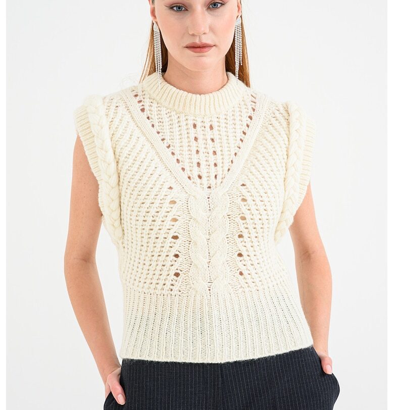 Плетен пуловер Fastina без ръкави - Слонова кост BOSS