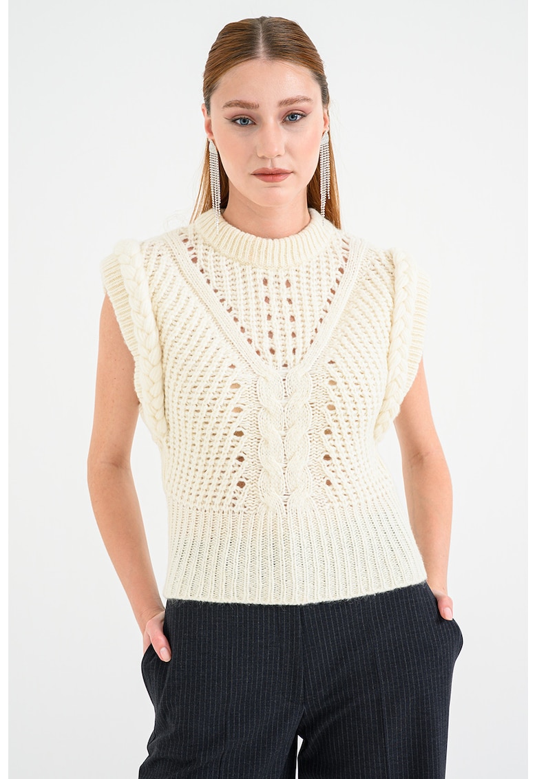 Плетен пуловер Fastina без ръкави - Слонова кост BOSS