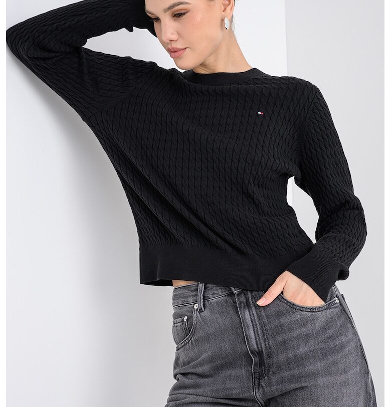 Плетен пуловер от органичен памук - Черен Tommy Hilfiger