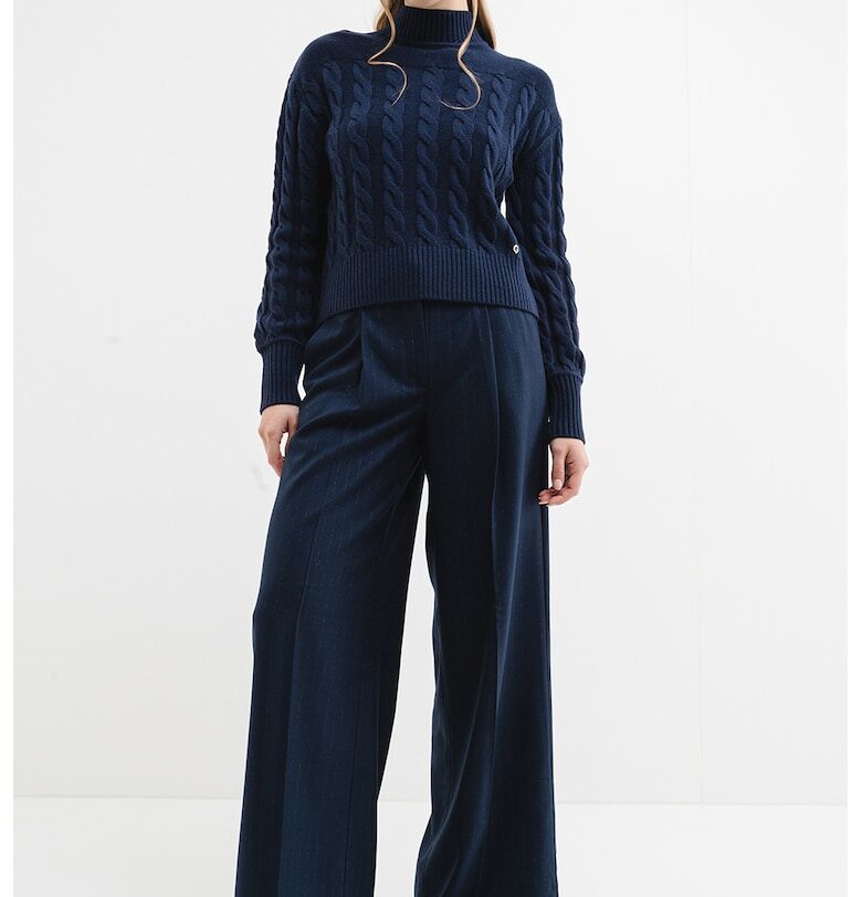 Плетен пуловер с вълна с рипсен подгъв - Тъмносин GUESS