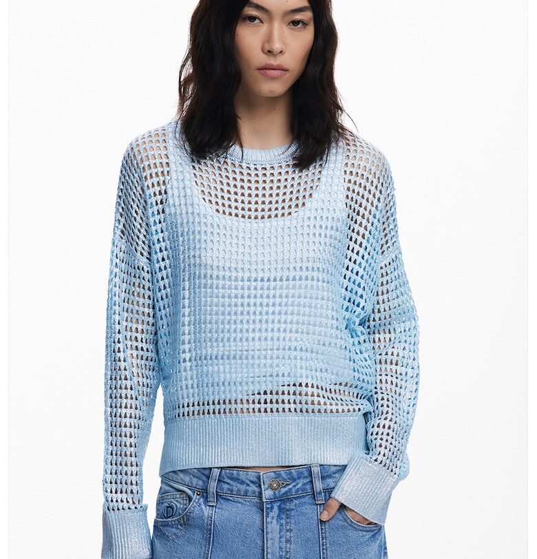 Плетен пуловер с овално деколте - Светлосин DESIGUAL