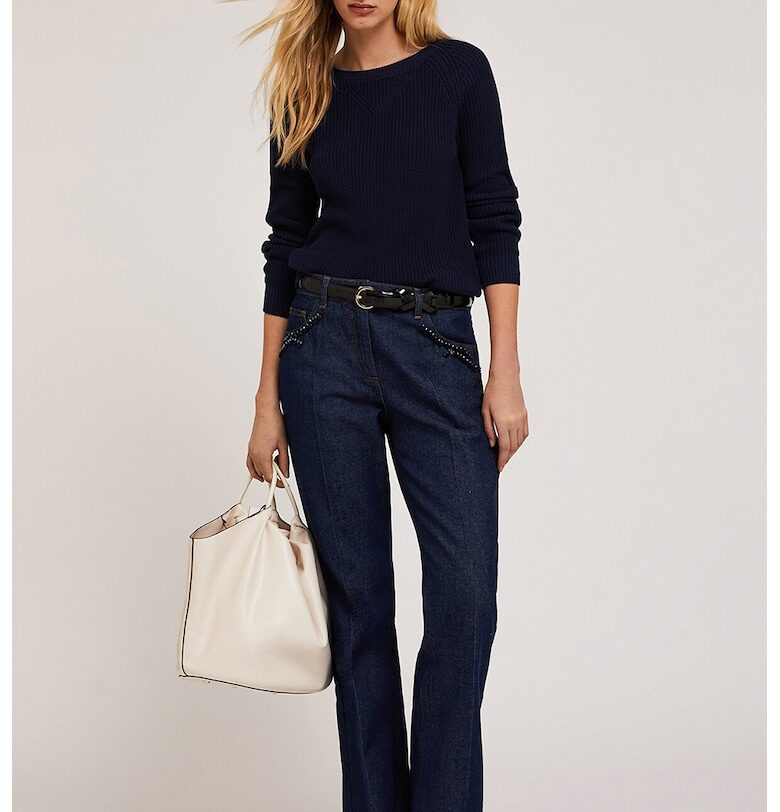 Плетен пуловер с овално деколте - Тъмносин Motivi