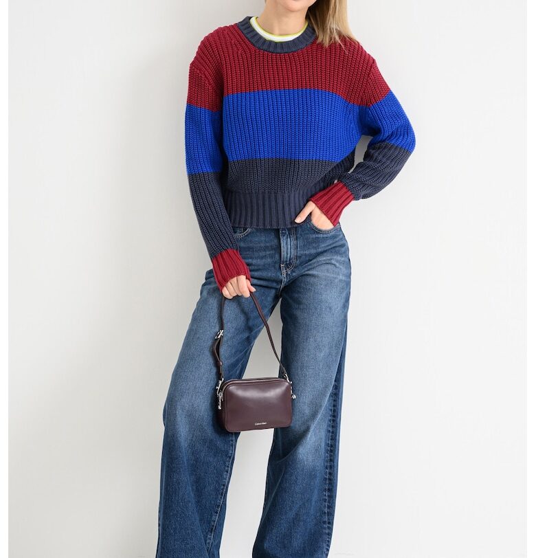 Плетен пуловер с овално деколте - Тъмночервен/Кралско Синьо/Антрацитно сиво CALVIN KLEIN JEANS