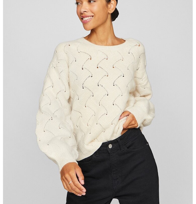 Плетен пуловер с перфорации - Слонова кост Vila