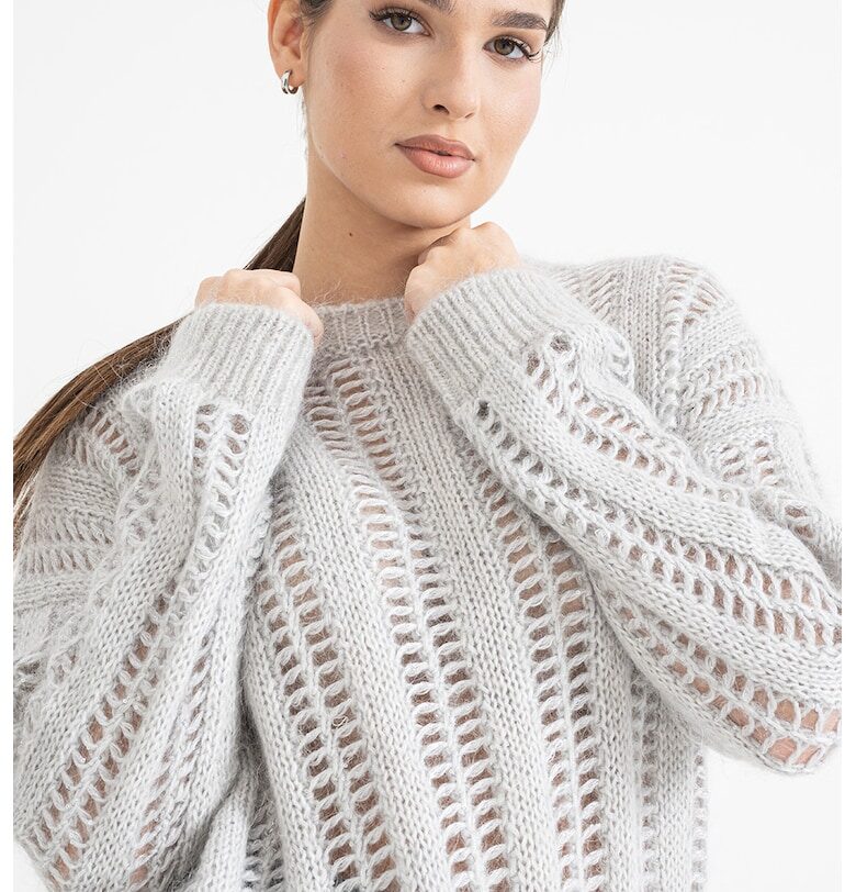 Плетен пуловер с перфорации и паднали ръкави - Светло сив Stefanel