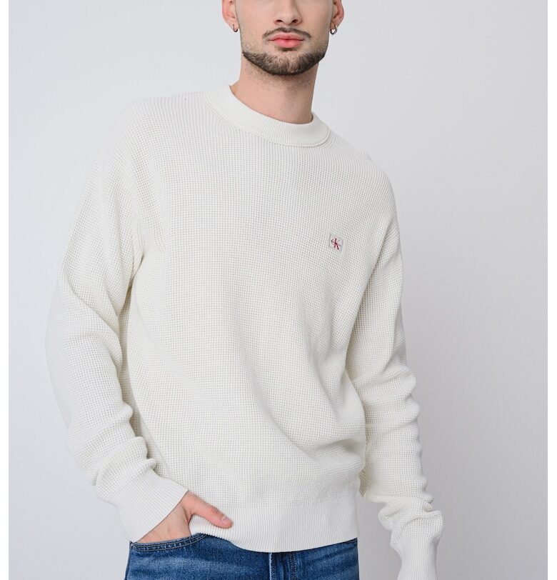 Плетен пуловер с пришито лого - Бял CALVIN KLEIN JEANS