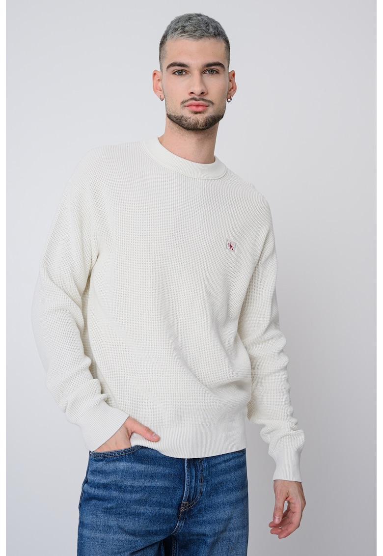 Плетен пуловер с пришито лого - Бял CALVIN KLEIN JEANS
