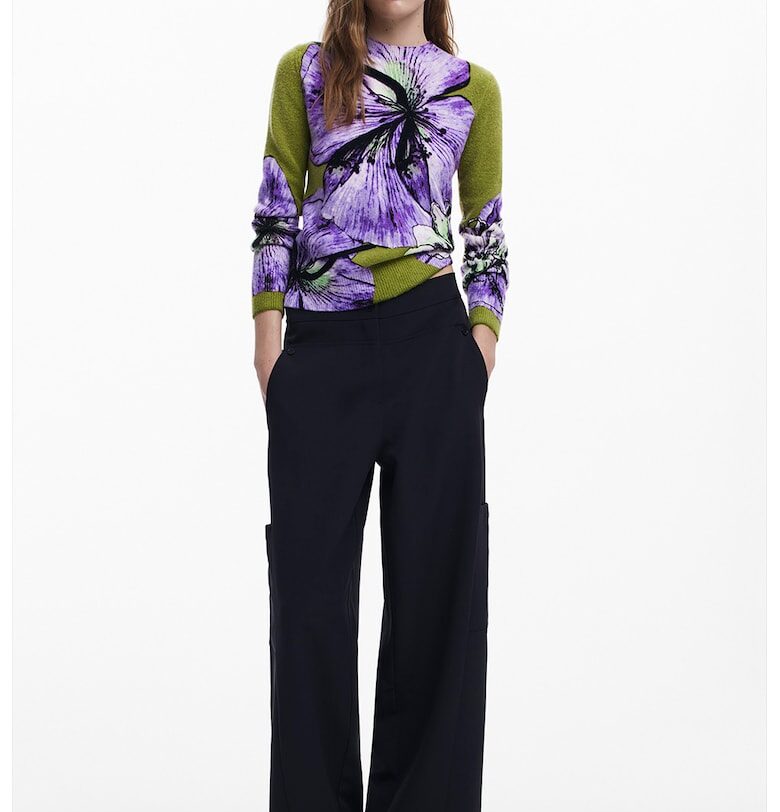 Плетен пуловер с флорален принт - Зелен/Мръснобял/Аметист DESIGUAL