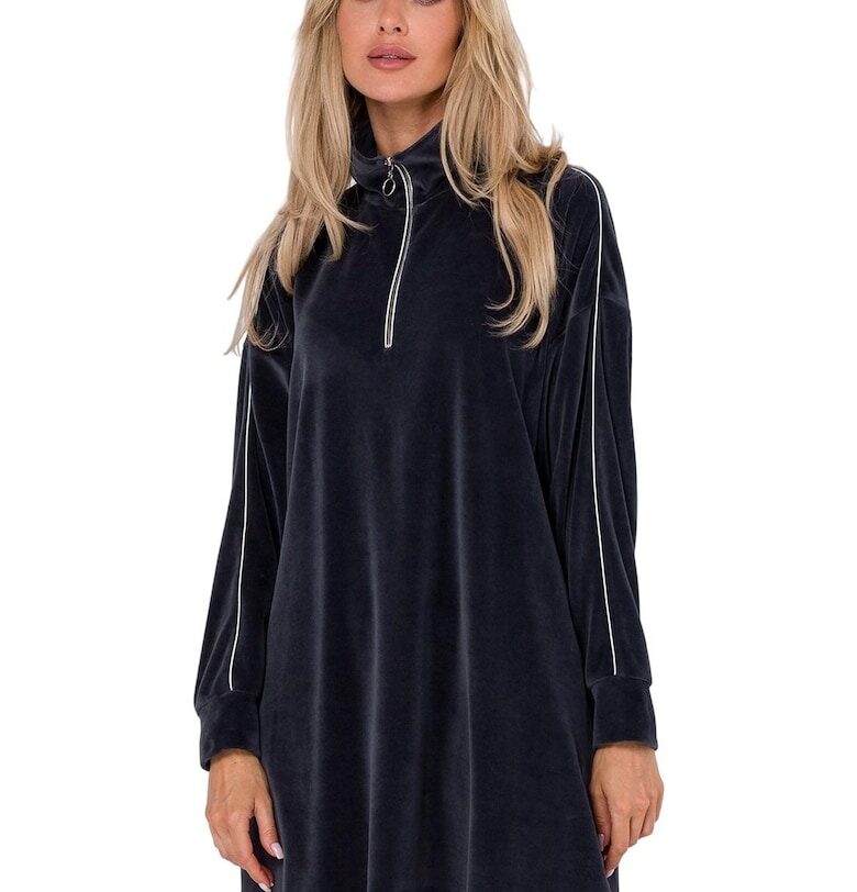 Плетена рокля - памук/полиестер - висока яка - джобове - сива - М OEM