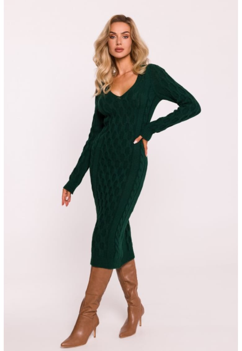 Плетена рокля с V-образно деколте - One Sizeqwdxz - Зелен MOE