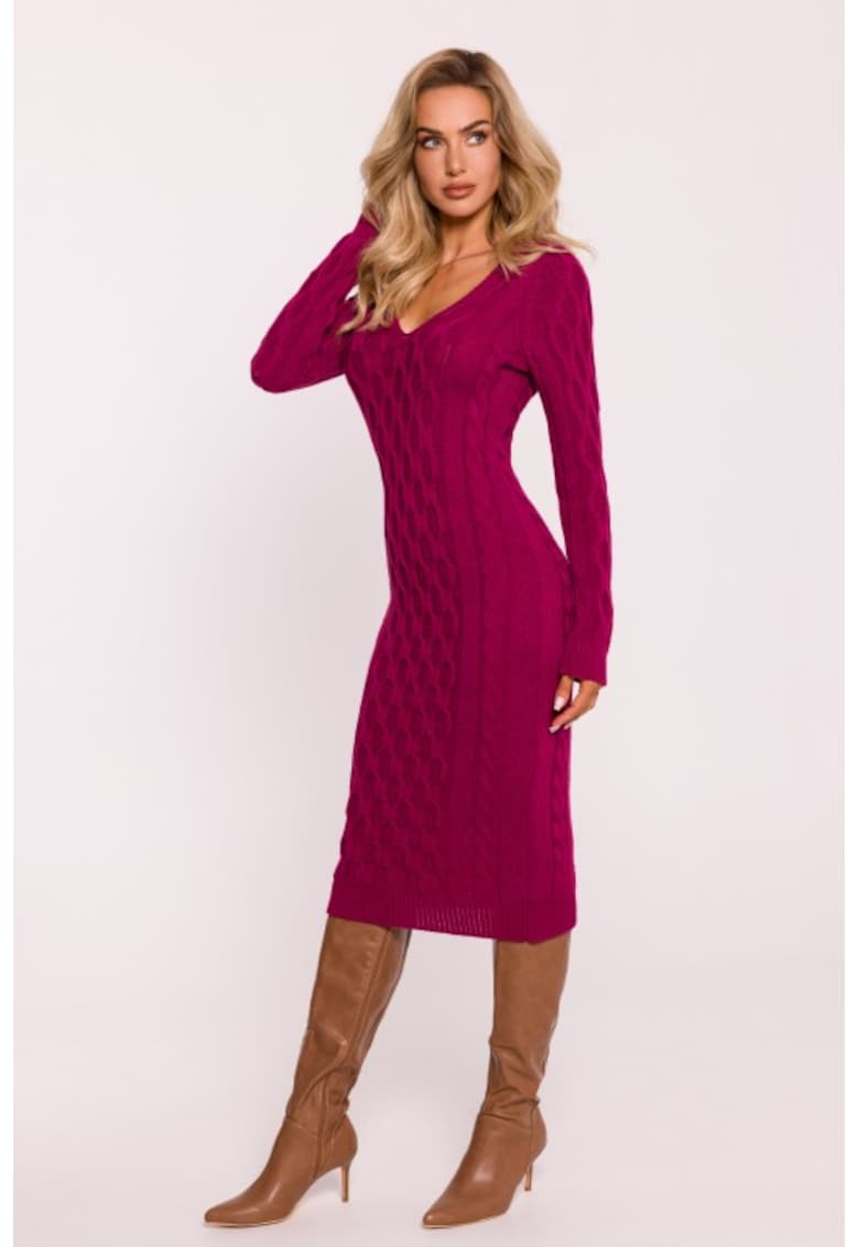 Плетена рокля с V-образно деколте - One Sizeqwdxz - Розово MOE