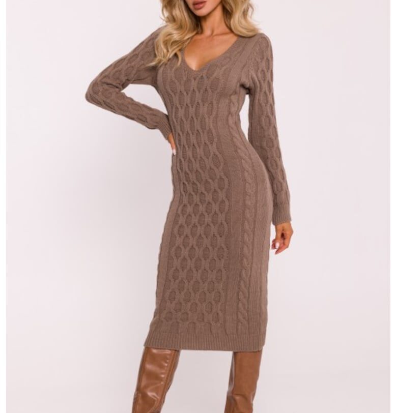 Плетена рокля с V-образно деколте -  One Sizeqwdxz - Тъмнобежово MOE