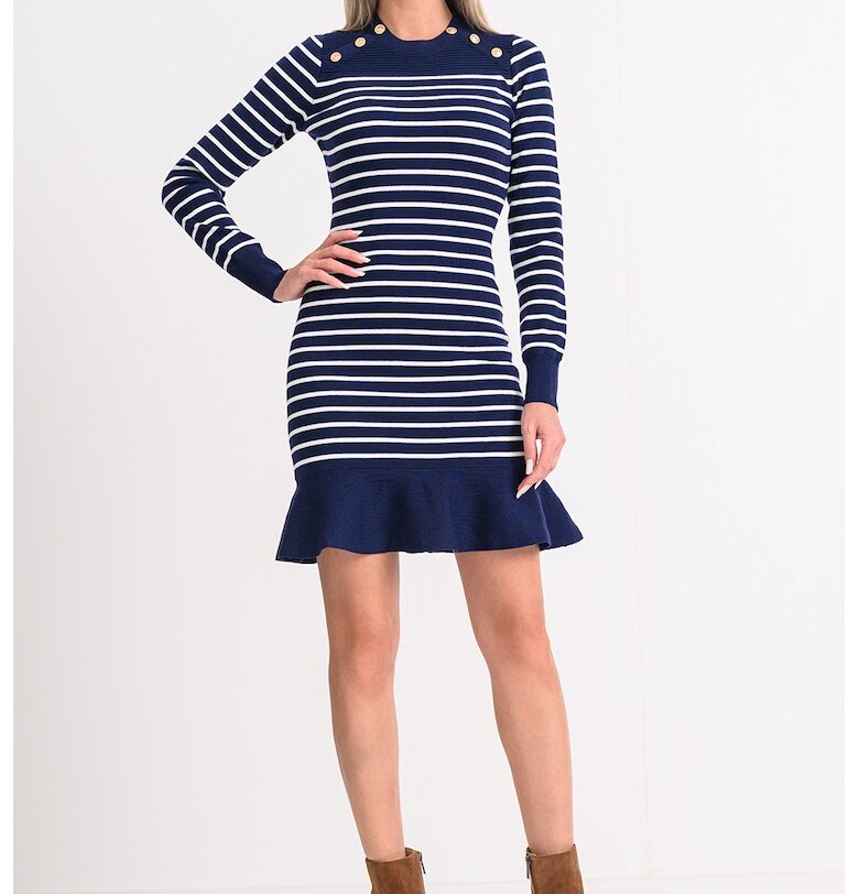 Плетена рокля с райе и разкроен подгъв - Бял/Тъмносин GUESS