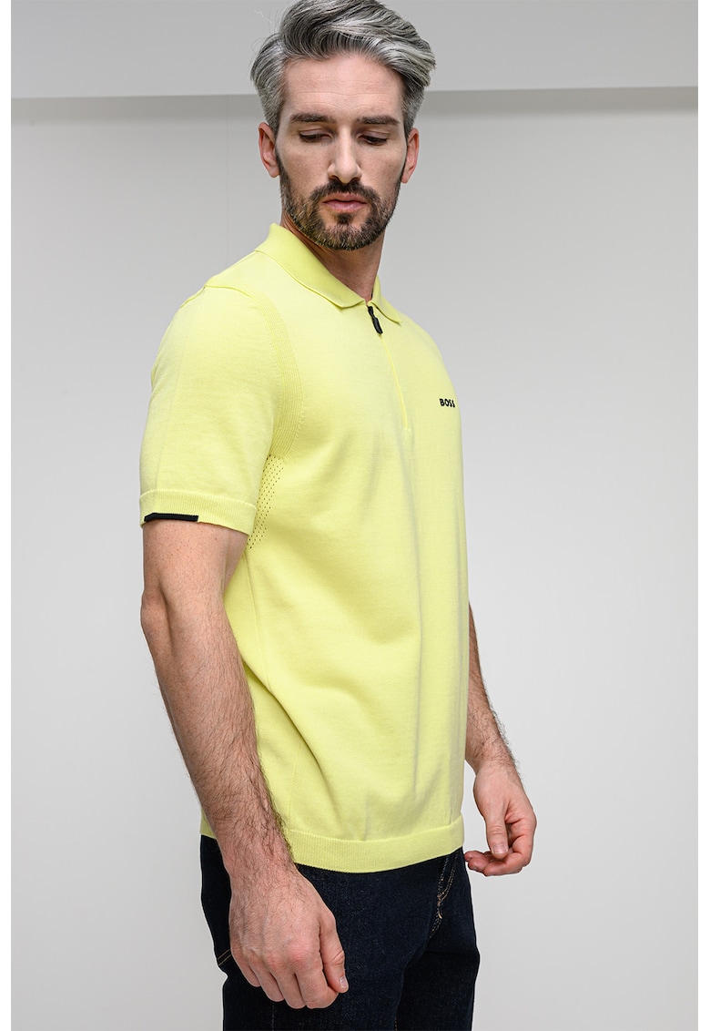 Плетена тениска с яка и къс цип - Лайм зелено BOSS