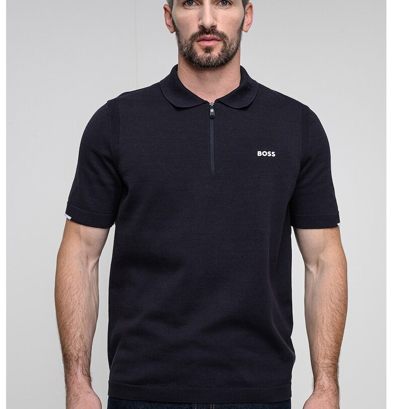 Плетена тениска с яка и къс цип - Ултрамарин синьо BOSS