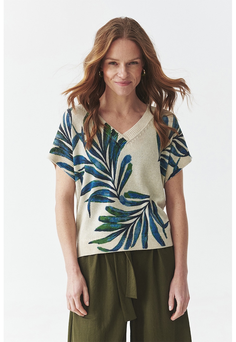 Плетена шпиц тениска с шарка - Зелен/Бежов Tatuum