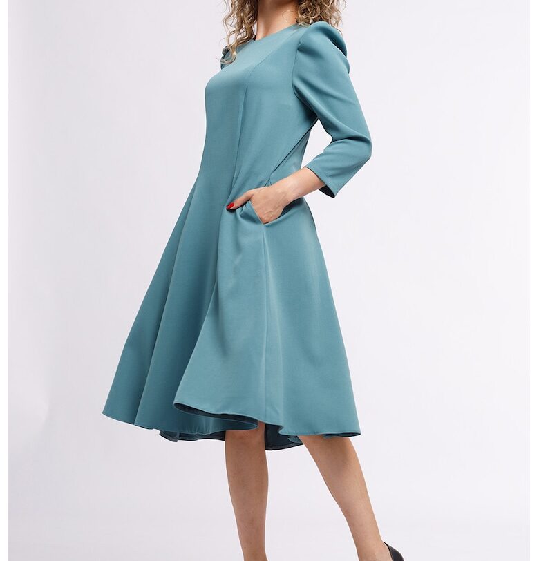 Плисирана миди рокля с джобове встрани - Аква зелено CAMISSI