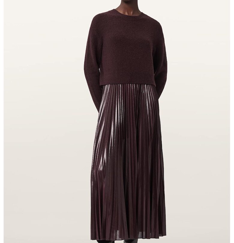 Плисирана рокля и пуловер с овално деколте - 2 части - Тъмновиолетов AllSaints