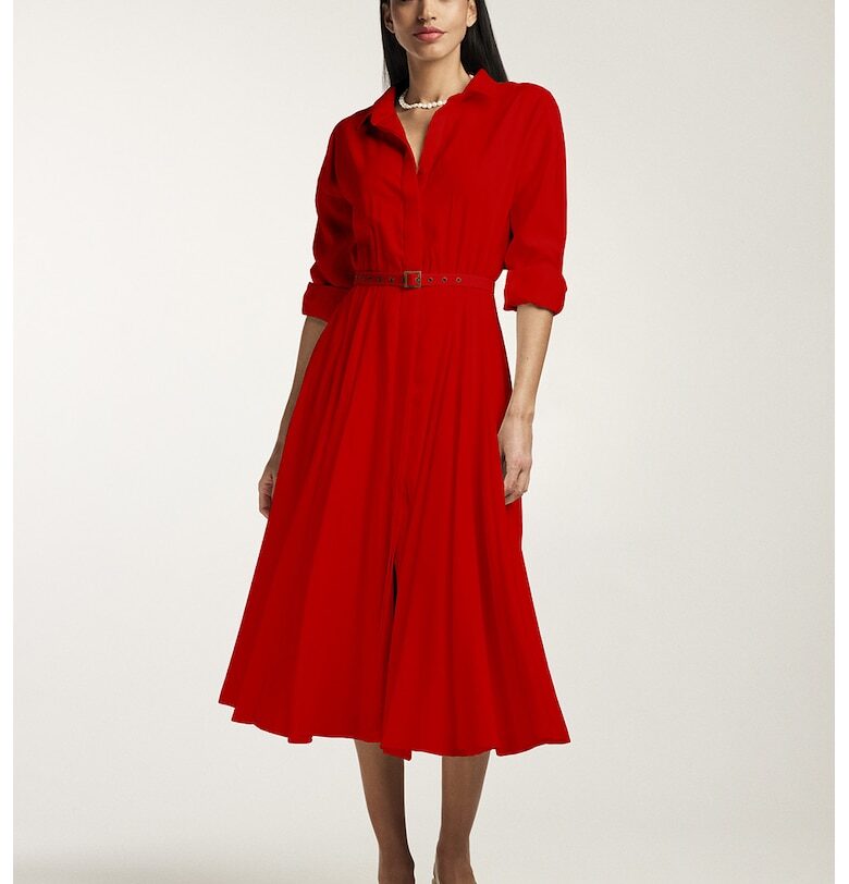 Плисирана рокля-риза с колан - Аленочервен Alina Cernatescu