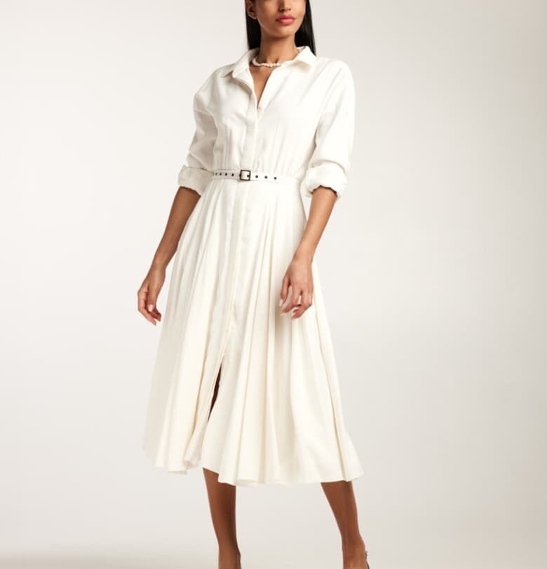Плисирана рокля-риза с колан - Бял Alina Cernatescu