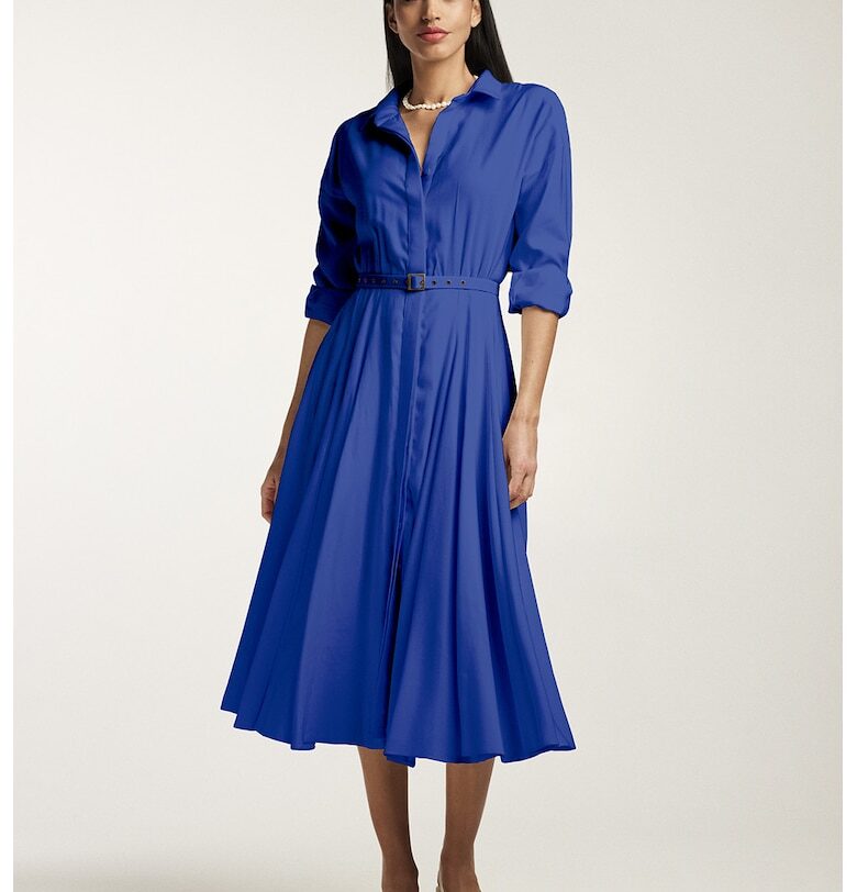Плисирана рокля-риза с колан - Кралско Синьо Alina Cernatescu