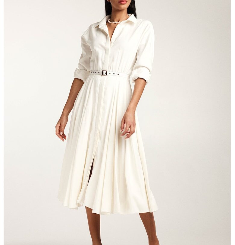 Плисирана рокля-риза с колан - Мръснобял Alina Cernatescu