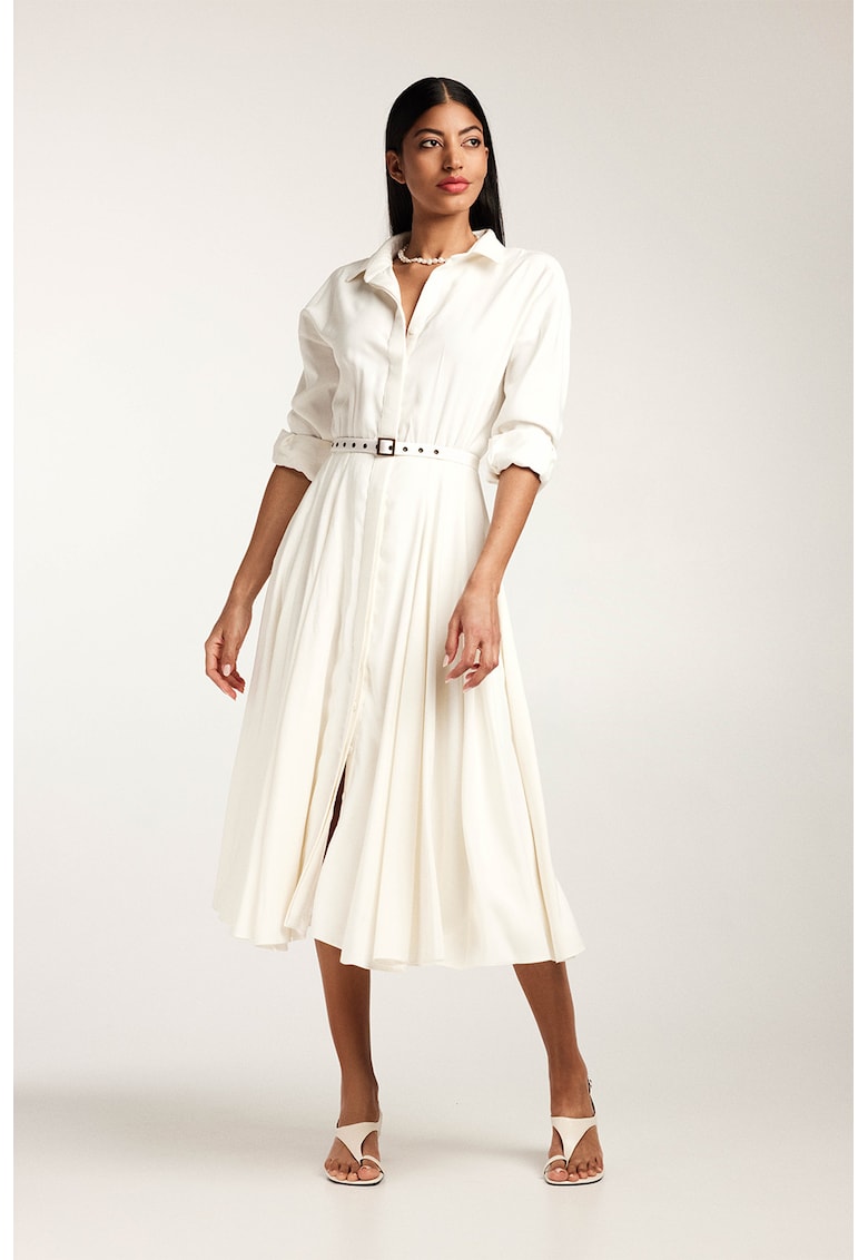 Плисирана рокля-риза с колан - Мръснобял Alina Cernatescu